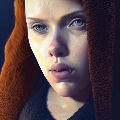 Image similar to hyperrealist black widow wearing a towel, scarlett johansson, photo realistic, dynamic lighting, artstation, poster, volumetric lighting, very detailed faces, 4 k, award winning