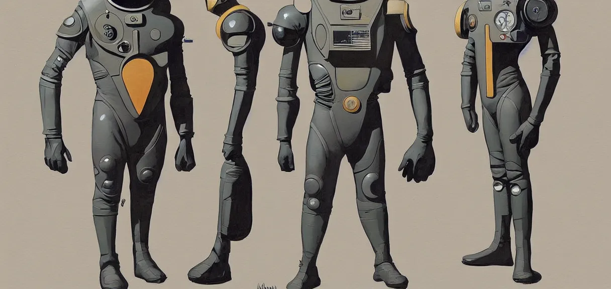 Image similar to male, full body, space suit with a modern helmet, large shoulders, short torso, long thin legs, tiny feet, character sheet, science fiction, very stylized character design, digital painting, by mike mignola, by alex maleev, jean giraud, painted by leyendecker