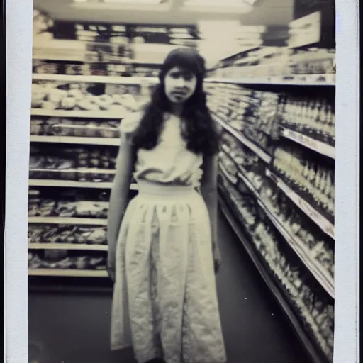 Image similar to a very beautiful old Polaroid picture of a young women inside a supermarket, award winning photography