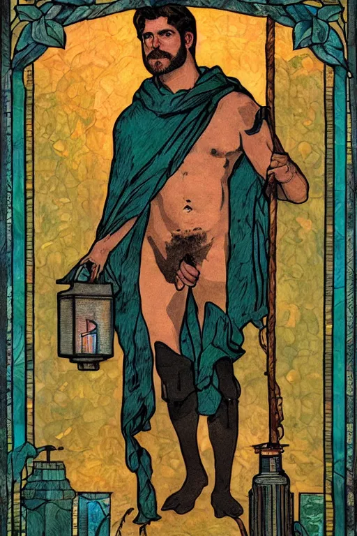 Prompt: tarot card of a shirtless handsome beefy cowboy holding a lantern | dark teal shroud, dad bod, homoerotic, art deco, art nouveau | by louis comfort tiffany | trending on artstation