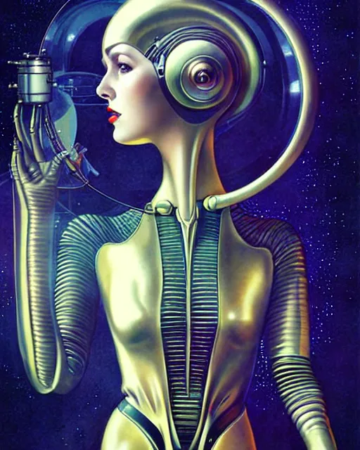 Prompt: futuristic portrait of woman from 2 0 s decade of xx century in metal space suit in a style of hans giger, giger alien style, art by kuvshinov ilya and wayne barlowe and gustav klimt and artgerm