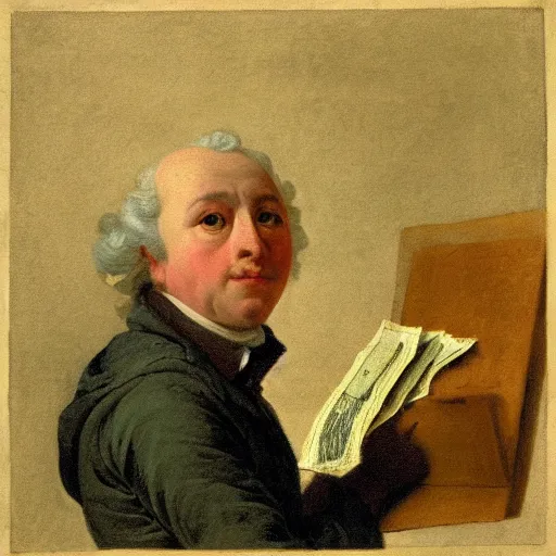 Image similar to Joseph Ducreux meme Self-portrait of the artist in the guise of a mockingbird with piles of money