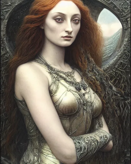 Image similar to matte painting portrait shot, beautiful sophie turner, steampunk, detailed and intricate by jean delville, gustave dore and marco mazzoni, art nouveau, symbolist, visionary, gothic, pre - raphaelite