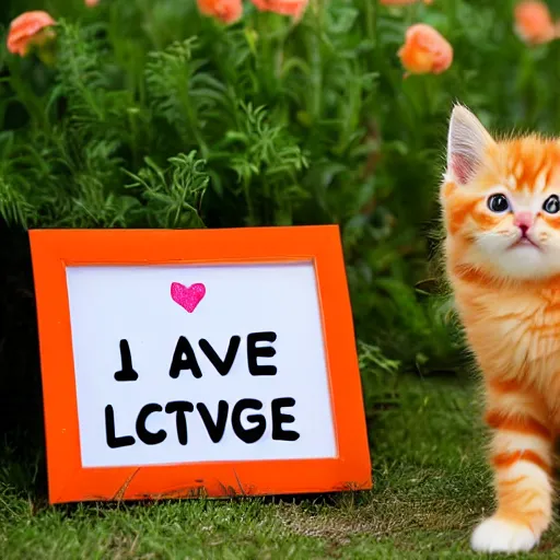 Image similar to cute fluffy orange tabby kitten with a sign that says