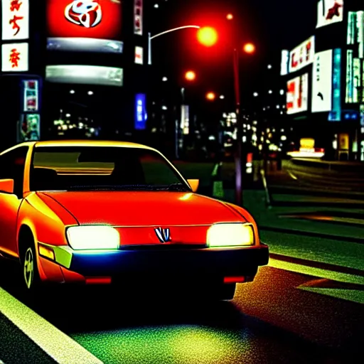 Image similar to a car toyota celica in middle of road, shibuya prefecture, night city, cinematic color, photorealistic, highly detailed