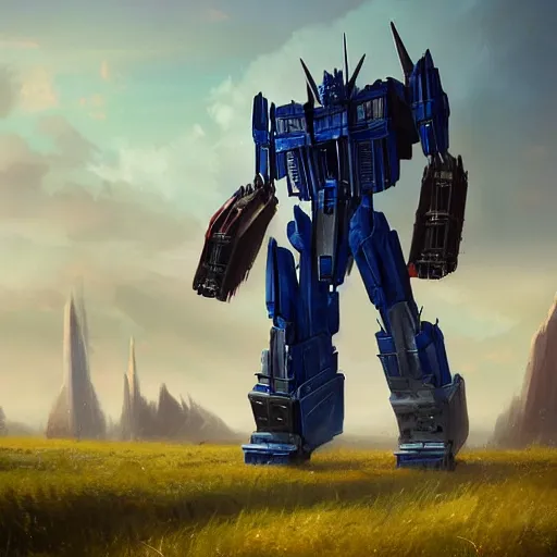 Prompt: optimus prime in a field, matte painting by greg rutkowski, artstation