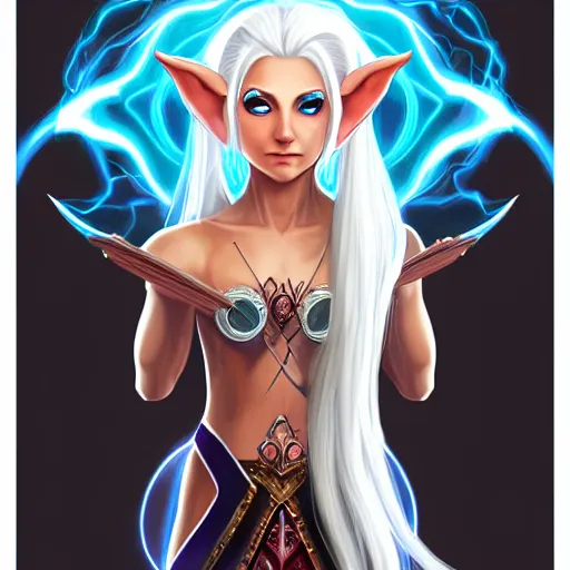 Image similar to Beautiful white haired aged fair skinned scholar elf with spell scroll and lightning background, full body, symmetrical, realism, digital painting, detailed artwork, portrait, mythical, artstation