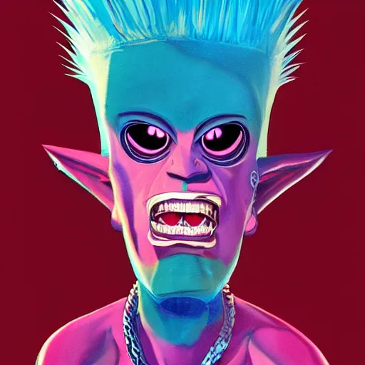 Image similar to a pink punk rock rapper alien with black spiked hair, an airbrush painting by Jamie Hewlett, cgsociety, symbolism, antichrist, aesthetic, 8k