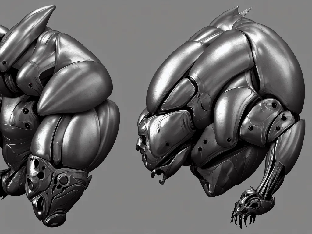 Image similar to isopod, muscular body, chiroptera head, chiroptera ears, mecha, hyperrealism, artstation, cgsociety, zbrush, no background