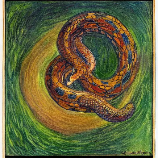 Prompt: circle made of a snake biting its own tail, tinted colours, highly detailed head, famous painting in the style of Claude Monet,