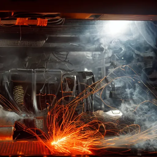 Image similar to overcharging toaster oven, tangles of metallic cables, dark messy smoke - filled cluttered workshop, dark, dramatic lighting, orange tint, sparks, plasma charges, cinematic, highly detailed, sci - fi, futuristic, movie still