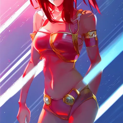 Image similar to digital anime art, cute girl, red mech arms and red mech legs, blue watery eyes!!!, gold short hair!!!, red bikini, full body!!!, wlop, rossdraws