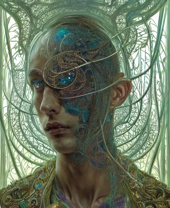 Prompt: intricate ornate opulent transparent clear see - through portrait of a terrifying beautiful skinny male alien centipede, mottled coloring, adorable, childlike, overgrown jungle environment, ultra realistic, concept art, art nouveau, photorealistic, octane render, 8 k, unreal engine. art by christopher marley and artgerm and greg rutkowski and alphonse mucha