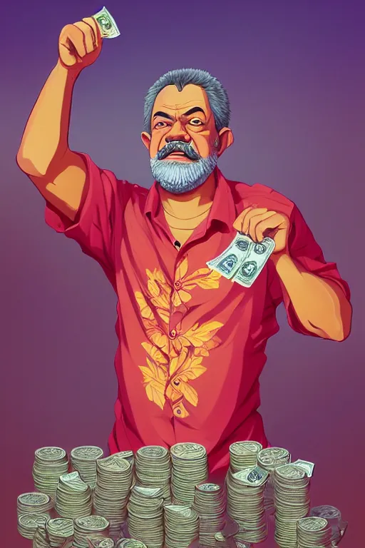 Prompt: a highly detailed beautiful portrait of Luiz Inácio Lula da Silva in Hell wearing a hawaiian shirt, counting money in front of people, highly detailed, 2d game fanart behance hd by Jesper Ejsing, by RHADS, Makoto Shinkaih and Lois van baarle, ilya kuvshinov, rossdraws global illumination, cinematic , hyper-reslistic, depth of field, coherent, high definition, 8k resolution octane renderer, artstation