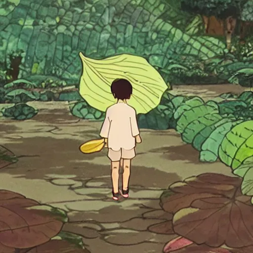 Image similar to Tiny human using leaf as an umbrella in giant garden, by Studio Ghibli, cinematic