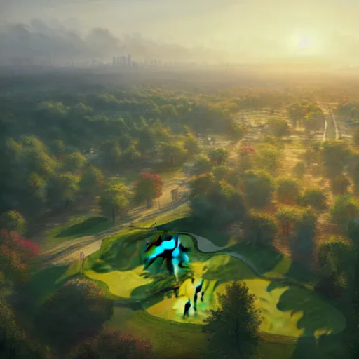 Image similar to Concept art, beautiful painting of a small golf course in the midst of metropolis city, 8k, Jeremy Cheung, greg rutkowski, artstation, aerial view