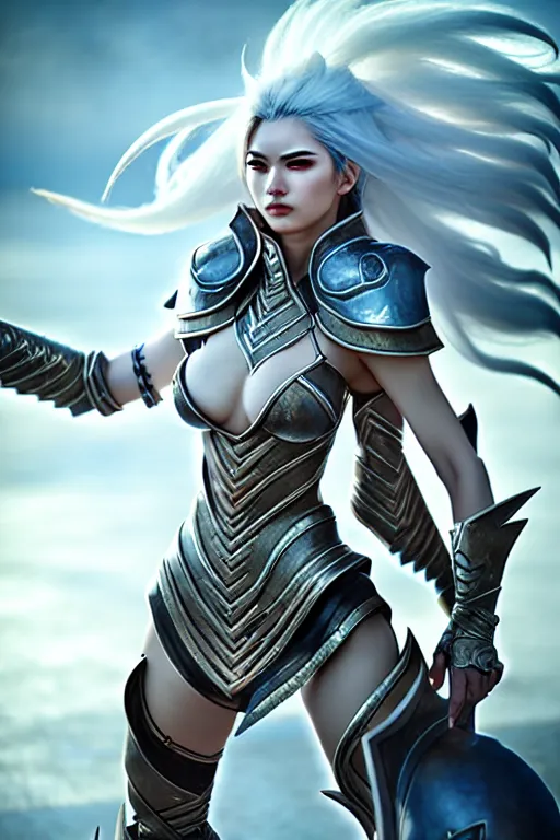 Image similar to sakimi chan, battle armor, detailed face, white skin, dramatic lighting, tony sart, unreal engine, wind, lightning