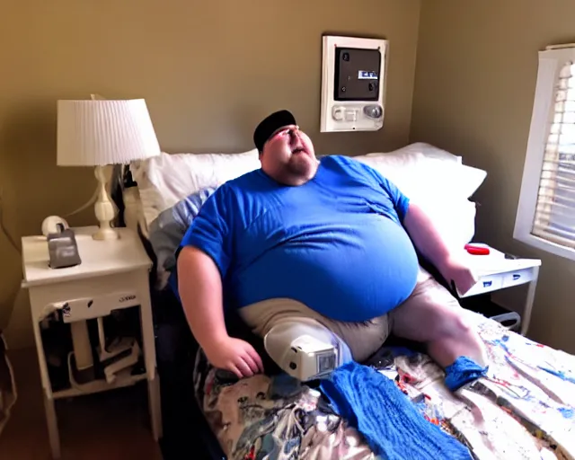 Image similar to very fat man connected to a cpap machine. messy bedroom