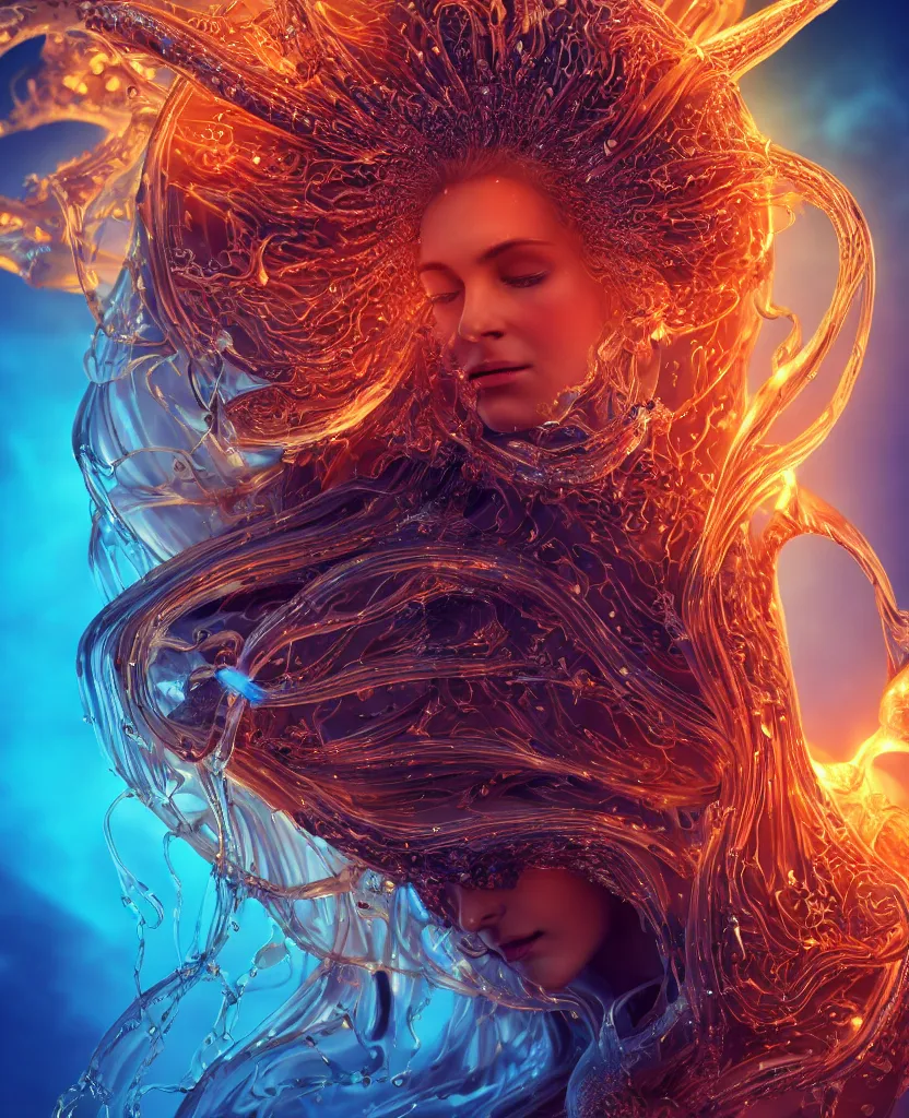 Image similar to close-up macro portrait of the face of a beautiful princess, epic angle and pose, symmetrical artwork, 3d with depth of field, blurred background, cybernetic jellyfish female face skull phoenix bird, translucent, nautilus, energy flows of water and fire. a highly detailed epic cinematic concept art CG render. made in Maya, Blender and Photoshop, octane render, excellent composition, cinematic dystopian brutalist atmosphere, dynamic dramatic cinematic lighting, aesthetic, very inspirational, arthouse. y Greg Rutkowski, Ilya Kuvshinov, WLOP, Stanley Artgerm Lau, Ruan Jia and Fenghua Zhong