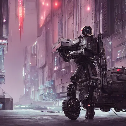 Image similar to panorama industrial military mech cyborg on a sci-fi military style motocycle, wearing bullet-riddled armor, glowing red eyes, wearing brutalist art deco industrial cyberpunk alley, dynamic dramatic dark moody lighting,shadows,cinematic atmosphere,Artstation, hyperrealistic 3D digital art,Octane render,8K 4K UHD image