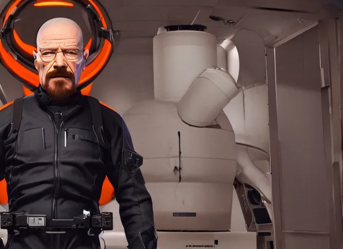 Image similar to film still of Walter White as Gordan Freeman wearing a black HEV suit with a glowing orange black mesa logo in front with a glowing blue portal in the background in the Half Life Movie, 4k