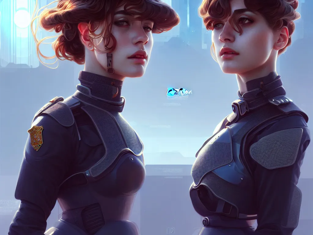 Image similar to portrait futuristic portugal police uniform girl, at future neon light rooftop, ssci - fi and fantasy, intricate and very very beautiful and elegant, highly detailed, digital painting, artstation, concept art, smooth and sharp focus, illustration, art by tan zi and ayanamikodon and alphonse mucha and wlop