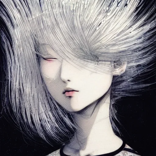 Prompt: Yoshitaka Amano dreamy illustration of an anime girl with white hair and cracks on her face wearing dress suit with tie fluttering in the wind, abstract black and white patterns on the background, head turned to the side, noisy film grain effect, highly detailed, Renaissance oil painting, weird portrait angle