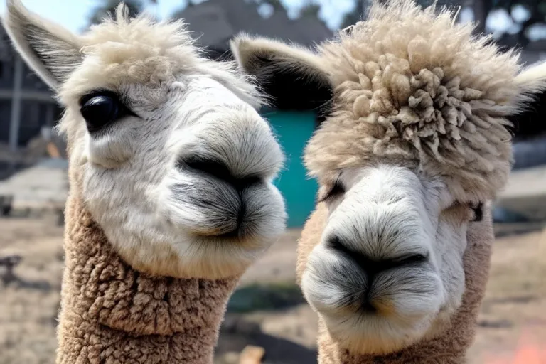 Image similar to <picture quality=4k-ultra-hd mode='attention grabbing'>Adorable alpaca looks into the camera knowingly as a house burns behind it - inspired by Disaster Girl</picture>