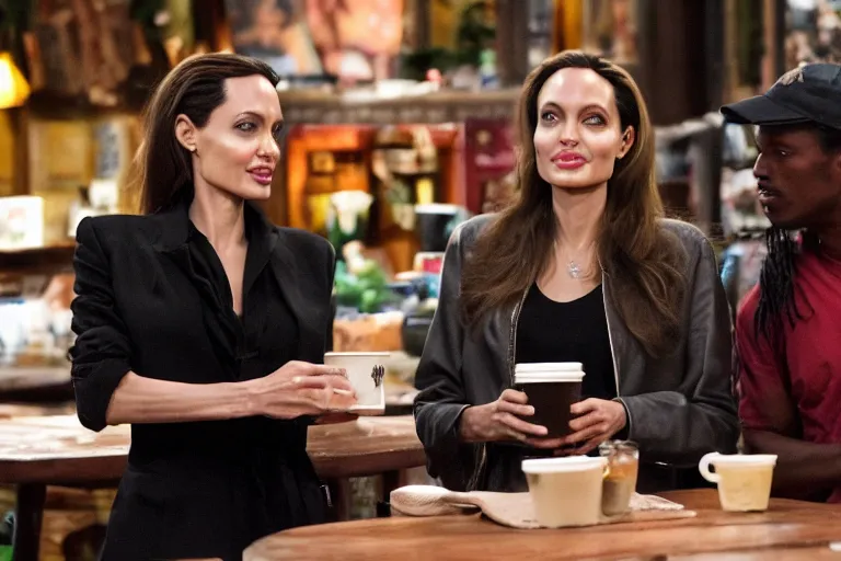 Image similar to angelina jolie and the predator, best friends, drinking coffee at central perk, still photo, hyperrealistic, 35mm, 8k, by weta digital