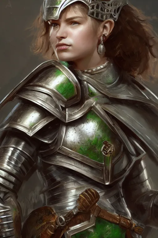 Prompt: highly detailed full body portrait painting of a proud young female knight wearing heavy armour in the style of Warhammer Fantasy by Craig Mullins, medium hair, green eyes, earrings, low angle shot, highly detailed, trending on artstation, cgsociety, 4k, 8k, HDR, octane render, unreal engine