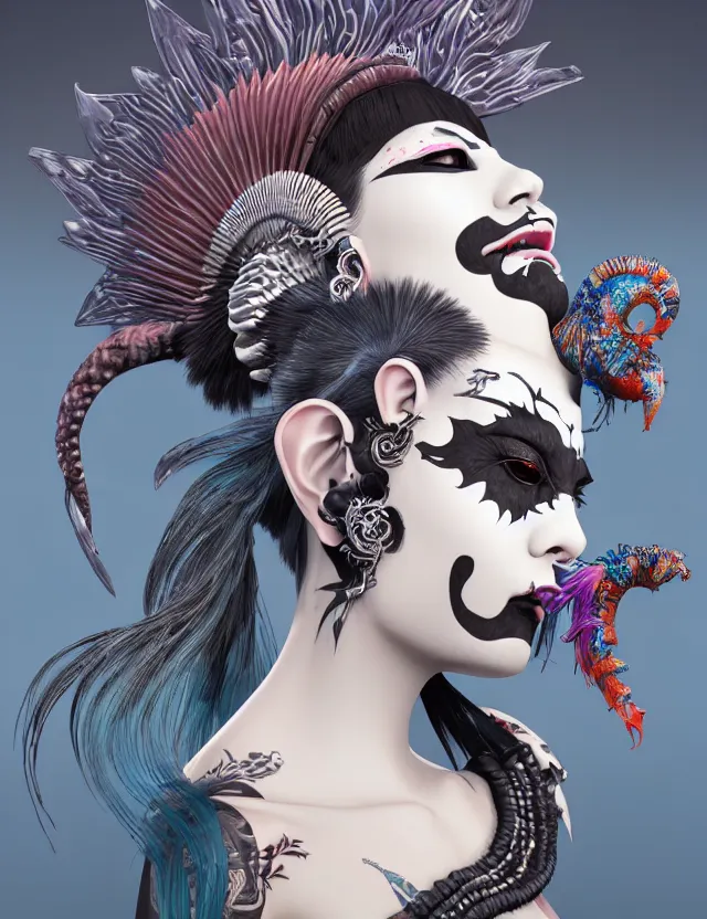 Image similar to 3 d goddess close - up profile portrait punk with mohawk with ram skull. beautiful intricately detailed japanese crow kitsune mask and clasical japanese kimono. betta fish, jellyfish phoenix, bio luminescent, plasma, ice, water, wind, creature, artwork by tooth wu and wlop and beeple and greg rutkowski