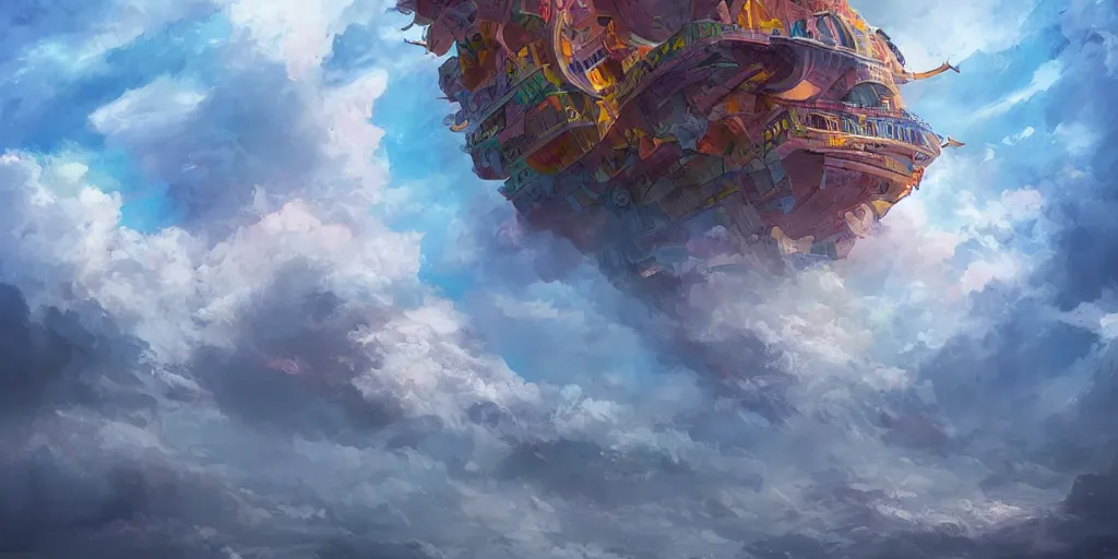 Prompt: a ship sailing high in the clouds, fantasy, trending on artstation, digital art, hyper detailed, hyper colorful