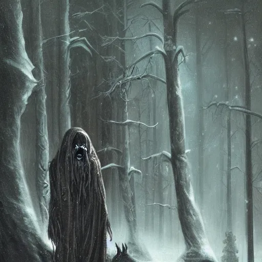 Prompt: cloaked humanoid wendigo feasting, nighttime located in a snowy dark forest, lurking horror, distant - mid shot, dungeons and dragons, magic the gathering, forboding, high detail, oil painting, style of seb mckinnon