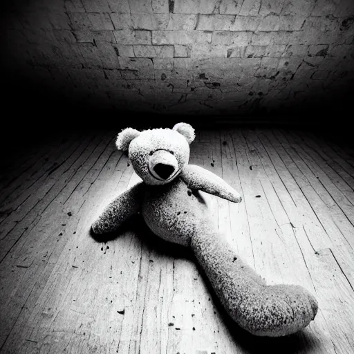 Prompt: a decrepit teddy bear, sat forgotten in a tipped over box in the attic. small rays of light can be seen. the house is long abandoned. black and white photo. surrealism.