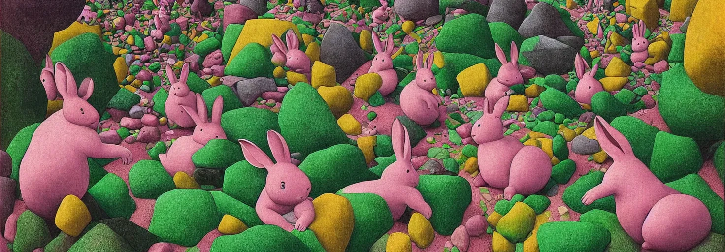 Image similar to a rock garden filled with pink rabbits, by m. c. escher, yellow, green, red, snowy, ultra sharp, ultra detailed, cyberpunk, happy, uplifting, colorized by salvador dali