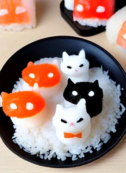 Prompt: clear photorealistic picture of simple cute cats made from sushi rice, sitting on sushi plates with garnish