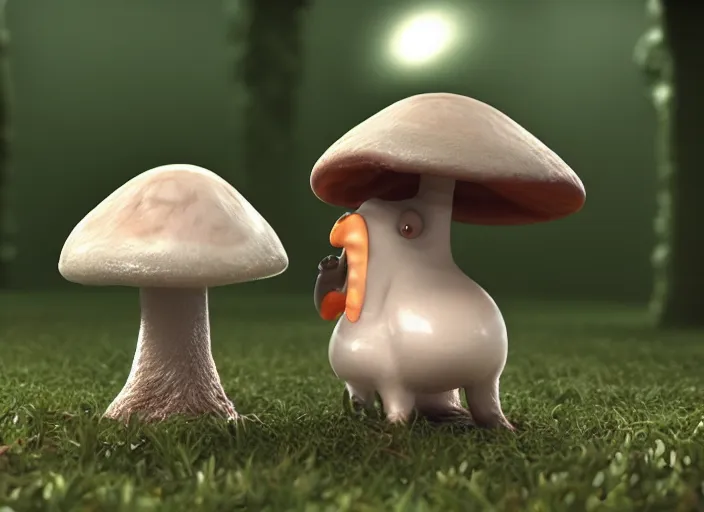 Image similar to a cute creature sitting next to a mushroom, sidefx houdini, vfx, mantra render