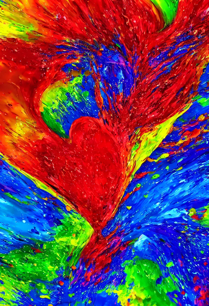 Image similar to highly detailed 3 d painting of a heart of splashing liquids and colorful thick paints suspended in air, 8 k rendering