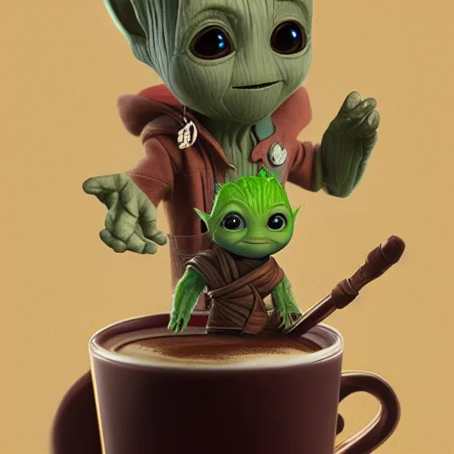 Image similar to Baby Groot and Baby Yoda are chilling in a coffee shop together hyperdetailed, artstation, cgsociety, 8k