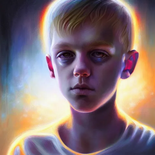 Image similar to visionary art by mandy jurgens, powerful eyes glowing highly detailed painting of deep sadness alone, young blonde boy spiritual portrait, fractal electricity surrounding him, expressive emotional sadness piece, trending on art station, abstract emotional sadness expression, very very very beautiful, fantasy digital art, visionary art, magical fantasy 2 d concept art