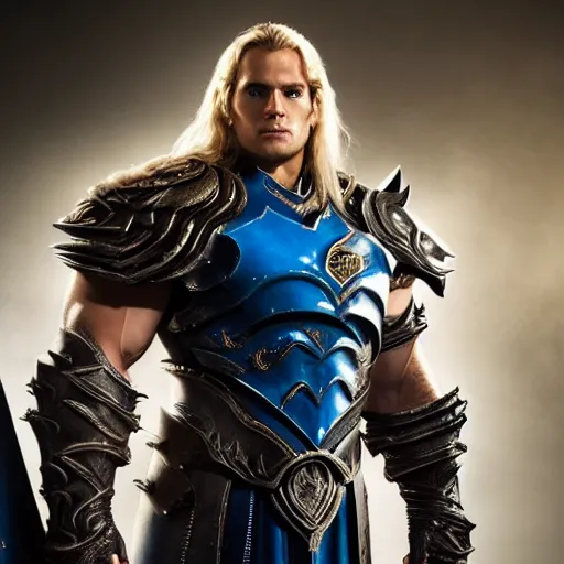 Image similar to Henry Cavill as Arthas Menethil in World of Warcraft, promo shoot, studio lighting