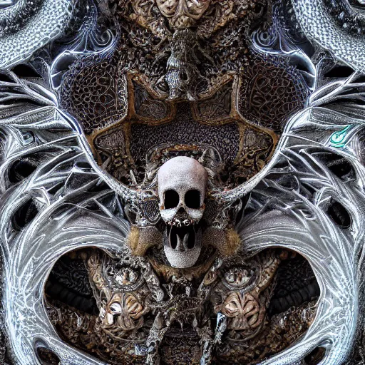 Prompt: Macro photography of fractal dragon scale, fantasy skull, intricate ornate details, Miniature faking, mandelbrot, octane render, 8k, high quality, volumetric lighting, smooth surface render