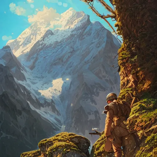 Image similar to highly detailed german ww 2 propaganda!!! nazi poster of german alps, fantasy art by greg rutkowski, loish, rhads, ferdinand knab, makoto shinkai and lois van baarle, ilya kuvshinov, rossdraws, tom bagshaw, global illumination, radiant light, detailed and intricate environment