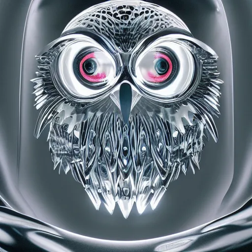 Image similar to chrome owl, glossy, metallic, neon, symmetrical, tribal patterns, realistic, unreal engine, octane, redshift, artstation, behance