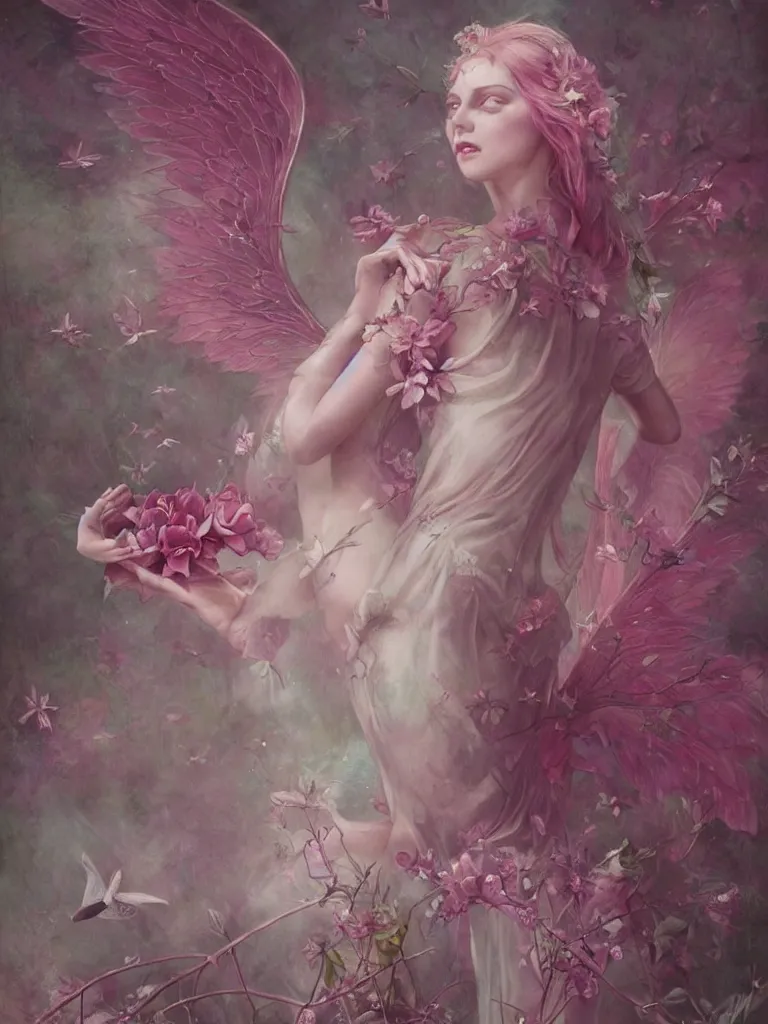 Image similar to one pink fairy with large wings exploring her lonely flower garden by herself in the style of tom bagshaw, extremely detailed, muted colors