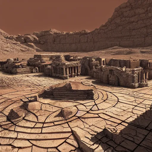 Image similar to ancient city on mars with water, digital art, realistic, detailed, artstation