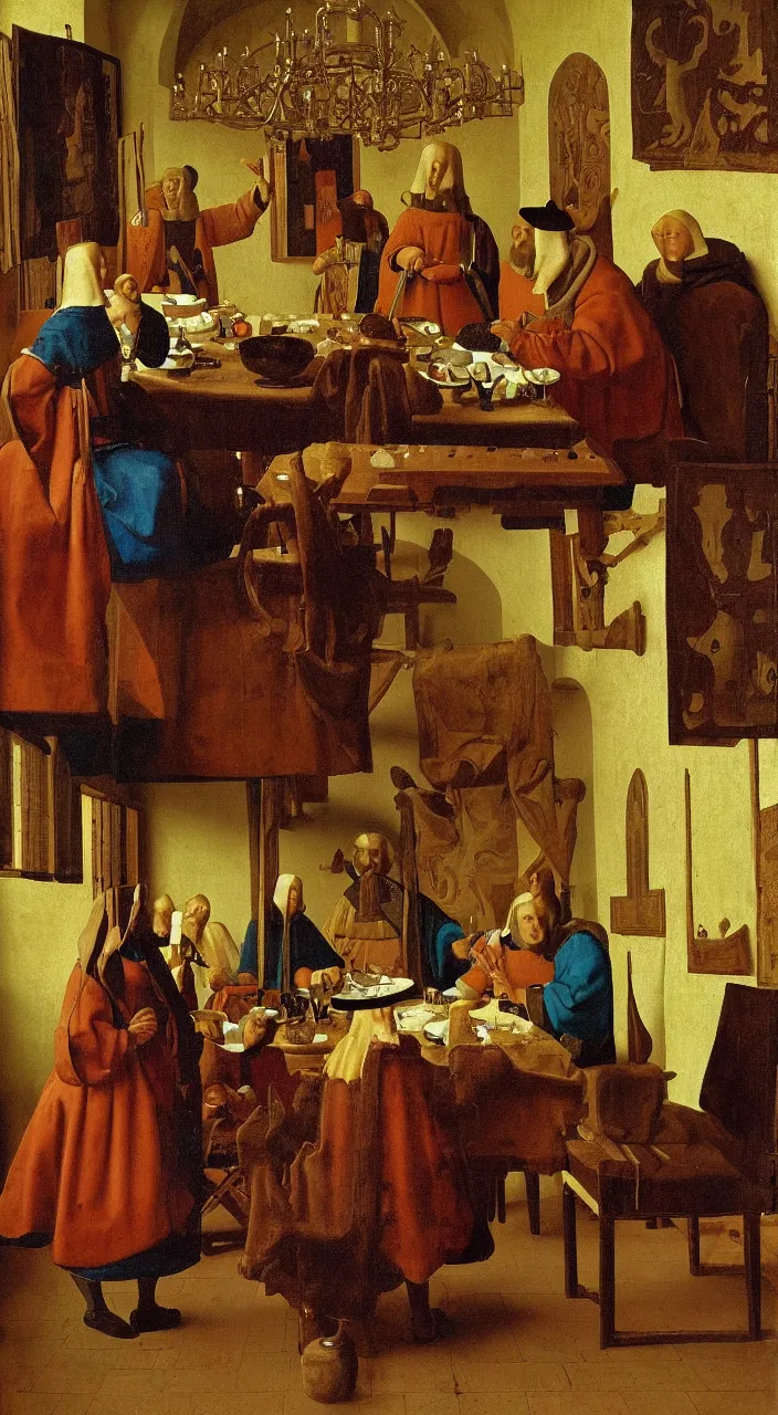 Prompt: Noble lunch. They dined in a large, richly furnished room. There were a lot of food on the table. Medieval painting by Jan van Eyck, Johannes Vermeer, Florence,