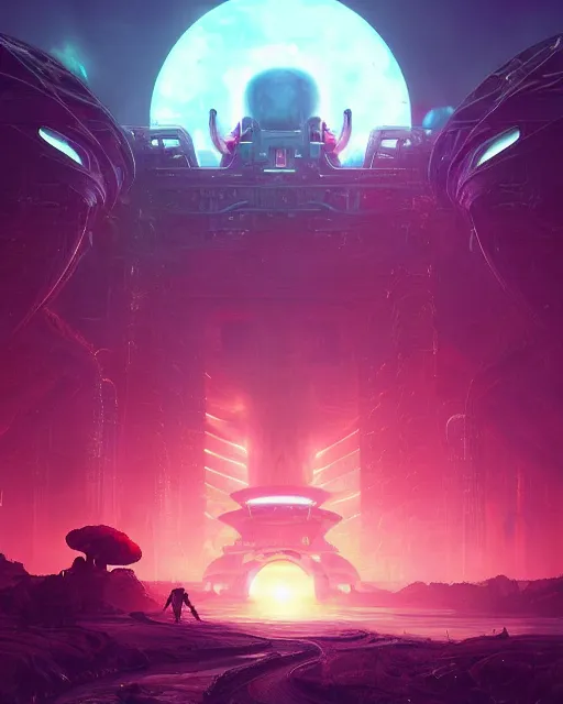 Image similar to alien temple, beautiful landscape, nier automata, protoss!!!!, machine planet, mothership in the sky, pink sun, tropical forest, colorful light, advanced technology, cinematic lighting, highly detailed, masterpiece, art by bastien grivet and darwin cellis and jan urschel