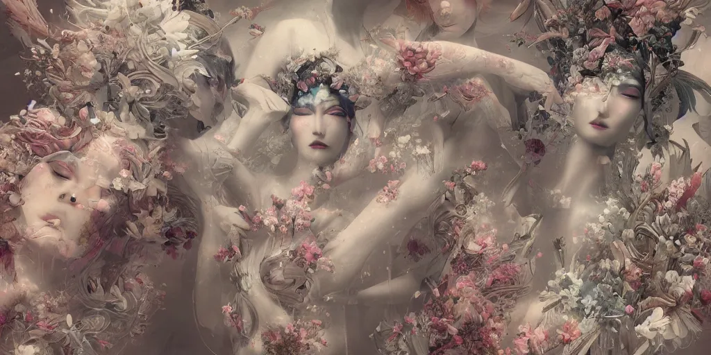 Prompt: breathtaking detailed concept art painting art deco pattern of birds goddesses amalmation flowers, by hsiao - ron cheng, bizarre compositions, exquisite detail, extremely moody lighting, 8 k