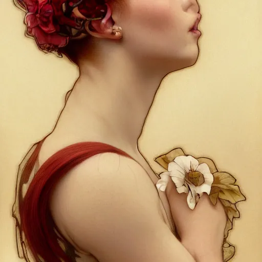 Prompt: side portrait of a beautiful girl, red hair, flower crown, white dress, headshot, hyper realistic, pale skin, 4k, rule of thirds, beautiful eyes, extreme detail, detailed drawing, trending artstation, hd, fantasy, D&D, realistic lighting, by Alphonse Mucha, Greg Rutkowski, sharp focus, backlit, elegant